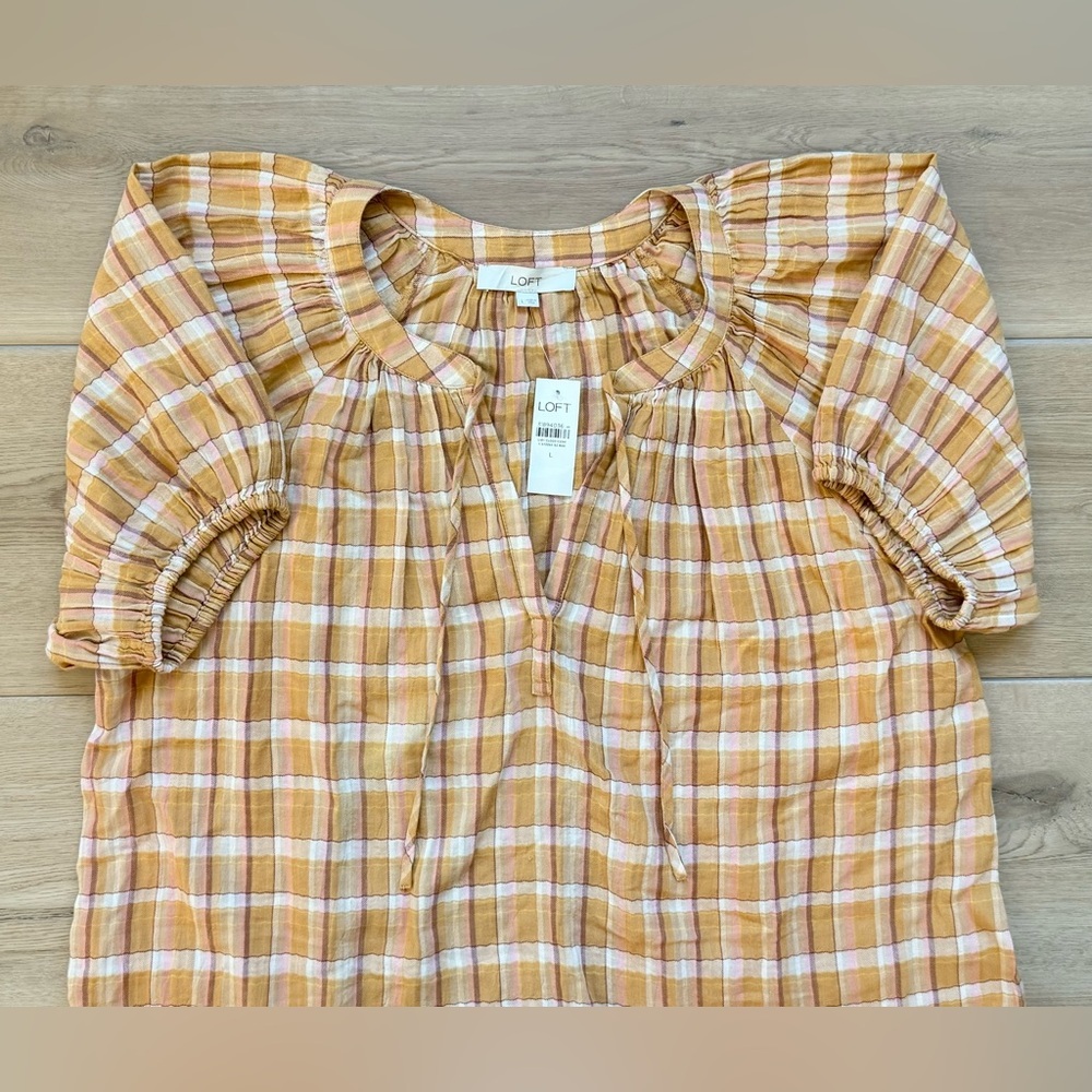 NWT LOFT Sunset-Colored Plaid Shirt Size L - Picture 3 of 6